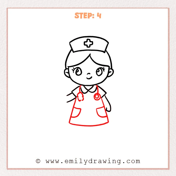 how to draw a cartoon nurse - Cartoon nurse Step 4 showing the uniform, pockets, and hanging stethoscope.
