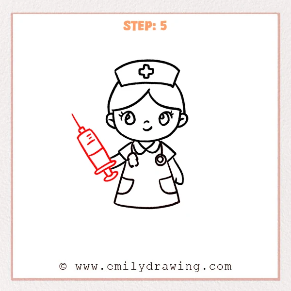 how to draw a cartoon nurse - Cartoon nurse Step 5 showing a detailed syringe held in the raised hand.