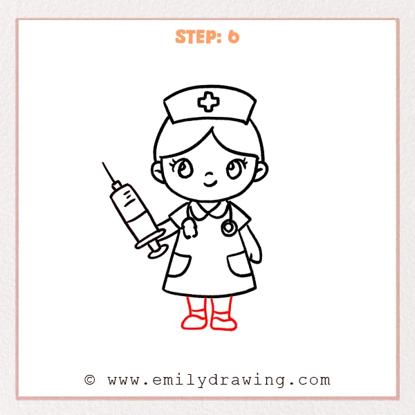 how to draw a cartoon nurse - Cartoon nurse Step 6 showing short legs, banded socks, and rounded shoes.