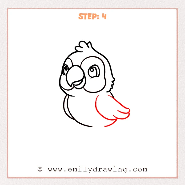 how to draw a cartoon parrot - Cartoon parrot Step 4 showing a broad side wing with three feather tips.