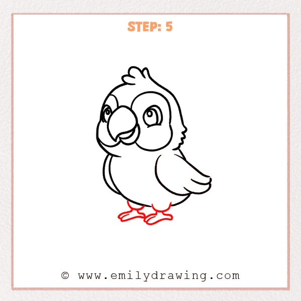 how to draw a cartoon parrot - Cartoon parrot Step 5 showing two short legs and paired forward toes.