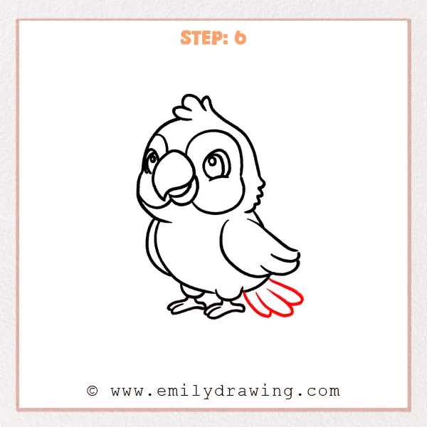 how to draw a cartoon parrot - Cartoon parrot Step 6 showing three long tail feathers completing the bird.