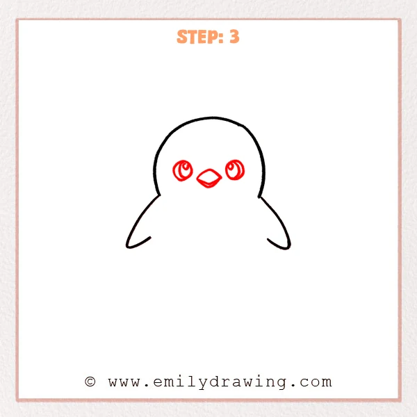 how to draw a cartoon penguin - Cartoon penguin Step 3 showing round eyes and a centered diamond beak.