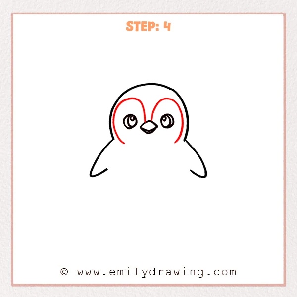 how to draw a cartoon penguin - Cartoon penguin Step 4 showing two rounded facial patches around the eyes.