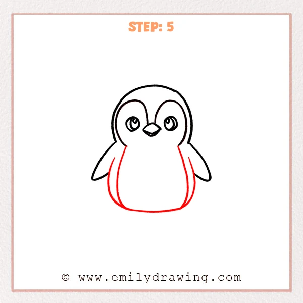 how to draw a cartoon penguin - Cartoon penguin Step 5 showing a large rounded belly inside the body.