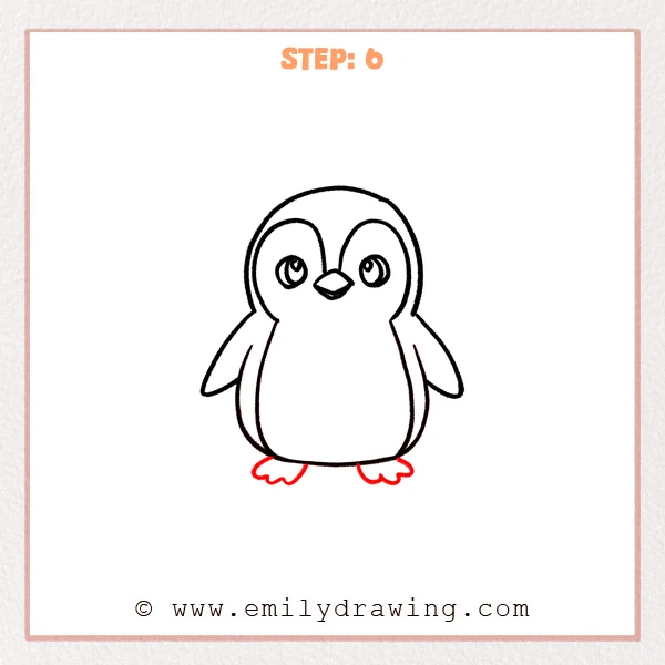 how to draw a cartoon penguin - Cartoon penguin Step 6 showing two three-toed feet completing the pose.