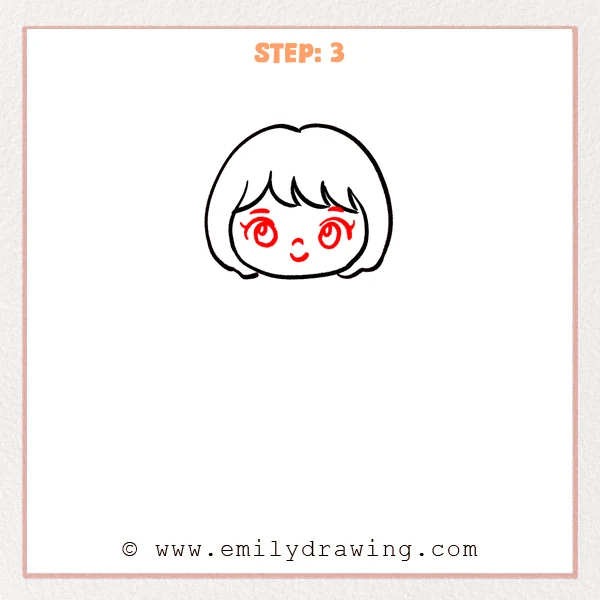 how to draw a cartoon people - Cartoon people Step 3 showing large eyes, eyebrows, nose, and smiling mouth.