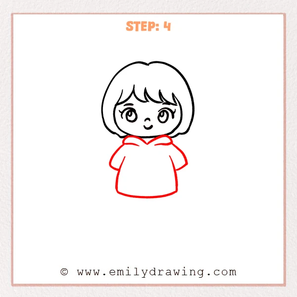 how to draw a cartoon people - Cartoon people Step 4 showing a hood, short sleeves, and rounded shirt body.