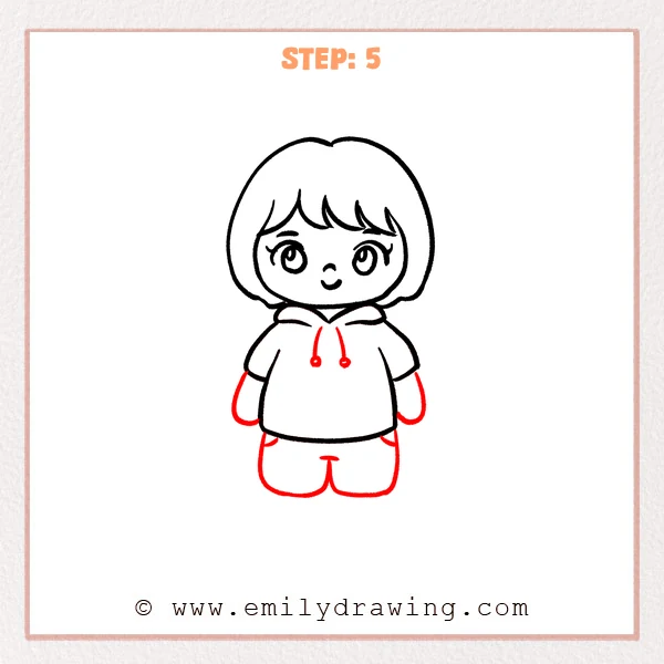 how to draw a cartoon people - Cartoon people Step 5 showing arms, hood strings, and rounded shorts.