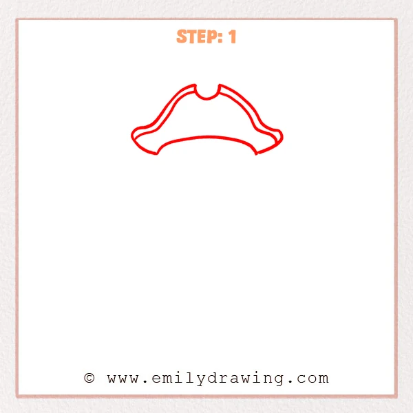 how to draw a cartoon pirate - Cartoon pirate Step 1 showing a broad three-cornered hat with trim.