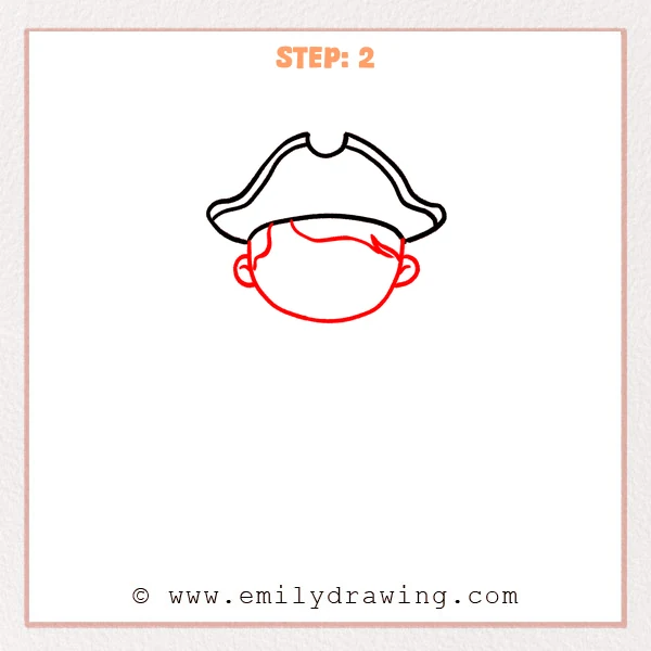 how to draw a cartoon pirate - Cartoon pirate Step 2 showing a rounded head, ears, and side-swept hair.