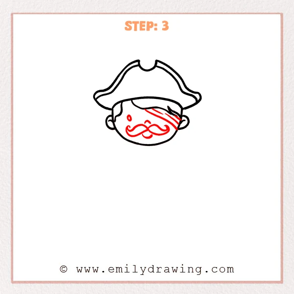 how to draw a cartoon pirate - Cartoon pirate Step 3 showing an eye patch, nose, curled mustache, and mouth.