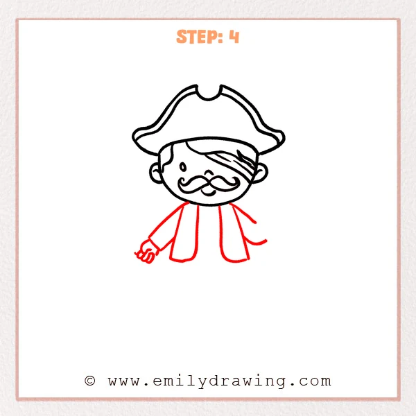 how to draw a cartoon pirate - Cartoon pirate Step 4 showing a split coat, bent sleeves, and left hand.