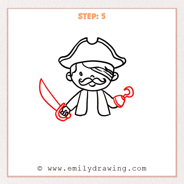 how to draw a cartoon pirate - Cartoon pirate Step 5 showing a curved sword and raised hook hand.