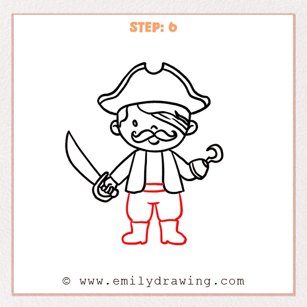 how to draw a cartoon pirate - Cartoon pirate Step 6 showing a waist sash, loose pants, and sturdy boots.