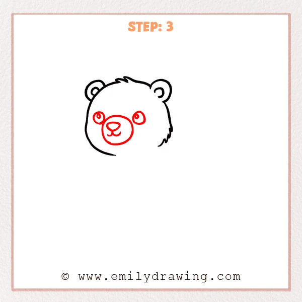 how to draw a cartoon polar bear - Cartoon polar bear Step 3 showing eyes, round muzzle, nose, and mouth.