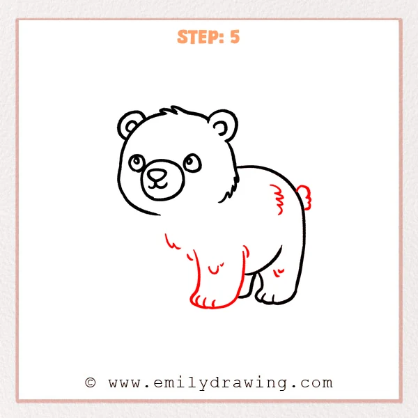 how to draw a cartoon polar bear - Cartoon polar bear Step 5 showing a front leg, tail, belly, and fur details.