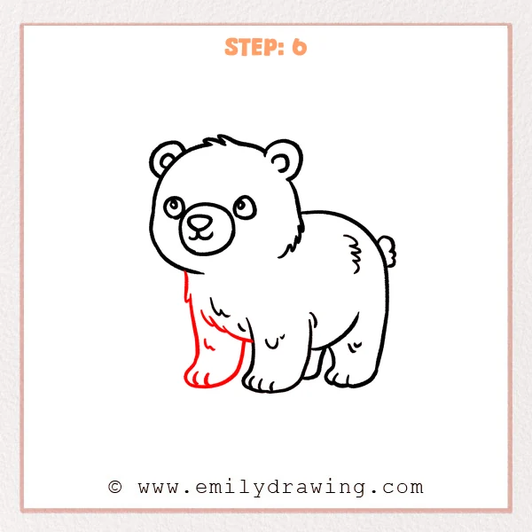 how to draw a cartoon polar bear - Cartoon polar bear Step 6 showing the far front leg and paw completing the stance.