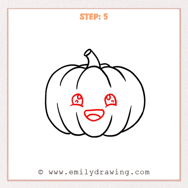 how to draw a cartoon pumpkin - Cartoon pumpkin Step 5 showing sparkling eyes and a cheerful open mouth.