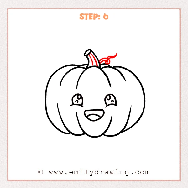 how to draw a cartoon pumpkin - Cartoon pumpkin Step 6 showing stem texture and a curled vine tendril.
