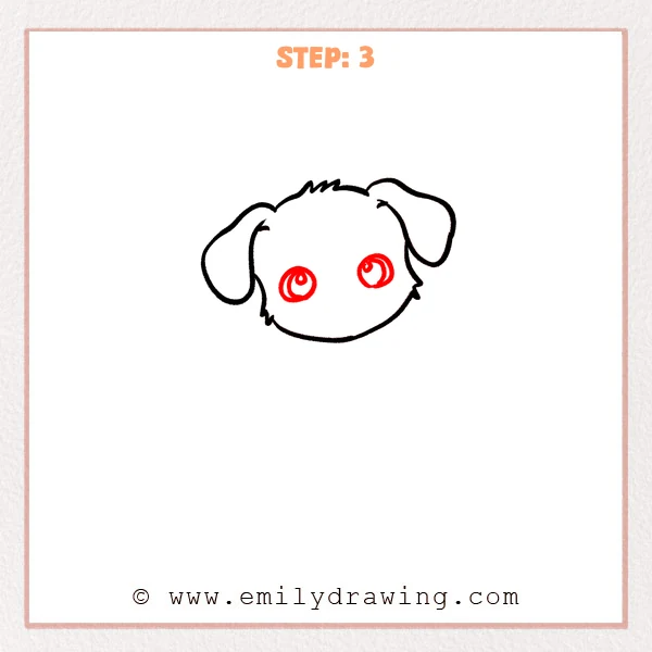 how to draw a cartoon puppy - Cartoon puppy Step 3 showing two large sparkling eyes.