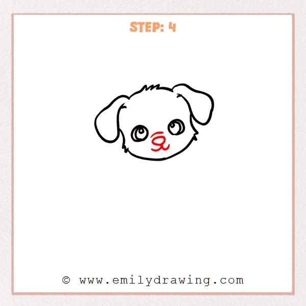 how to draw a cartoon puppy - Cartoon puppy Step 4 showing an oval nose and softly curled mouth.