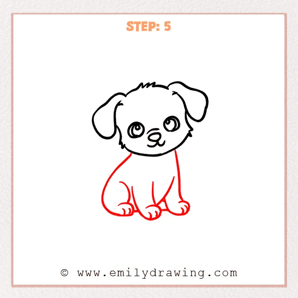 how to draw a cartoon puppy - Cartoon puppy Step 5 showing a seated body with rounded legs and paws.