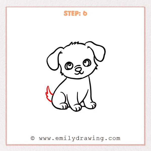 how to draw a cartoon puppy - Cartoon puppy Step 6 showing a small furry tail completing the seated puppy.