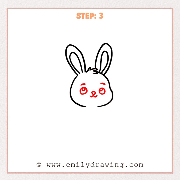 how to draw a cartoon rabbit - Cartoon rabbit Step 3 showing eyes, eyebrows, nose, and curled mouth.