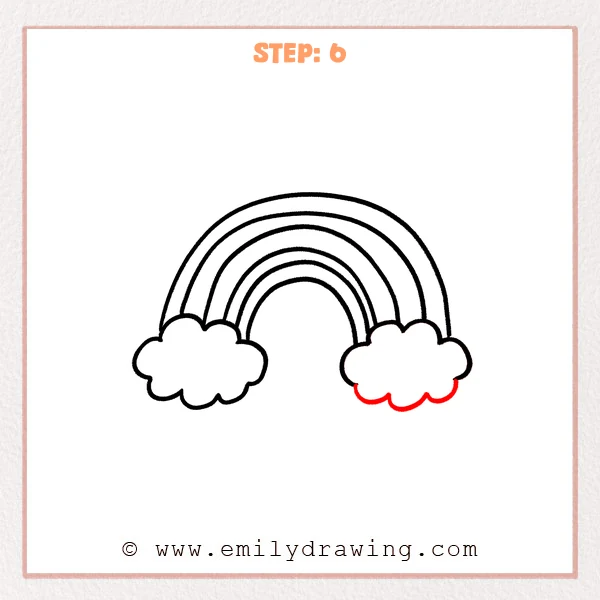 how to draw a cartoon rainbow - Cartoon rainbow Step 6 showing both clouds and the completed cartoon rainbow