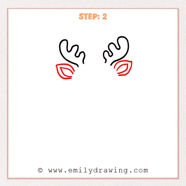 how to draw a cartoon reindeer - Cartoon reindeer Step 2 showing two detailed ears beneath the antlers