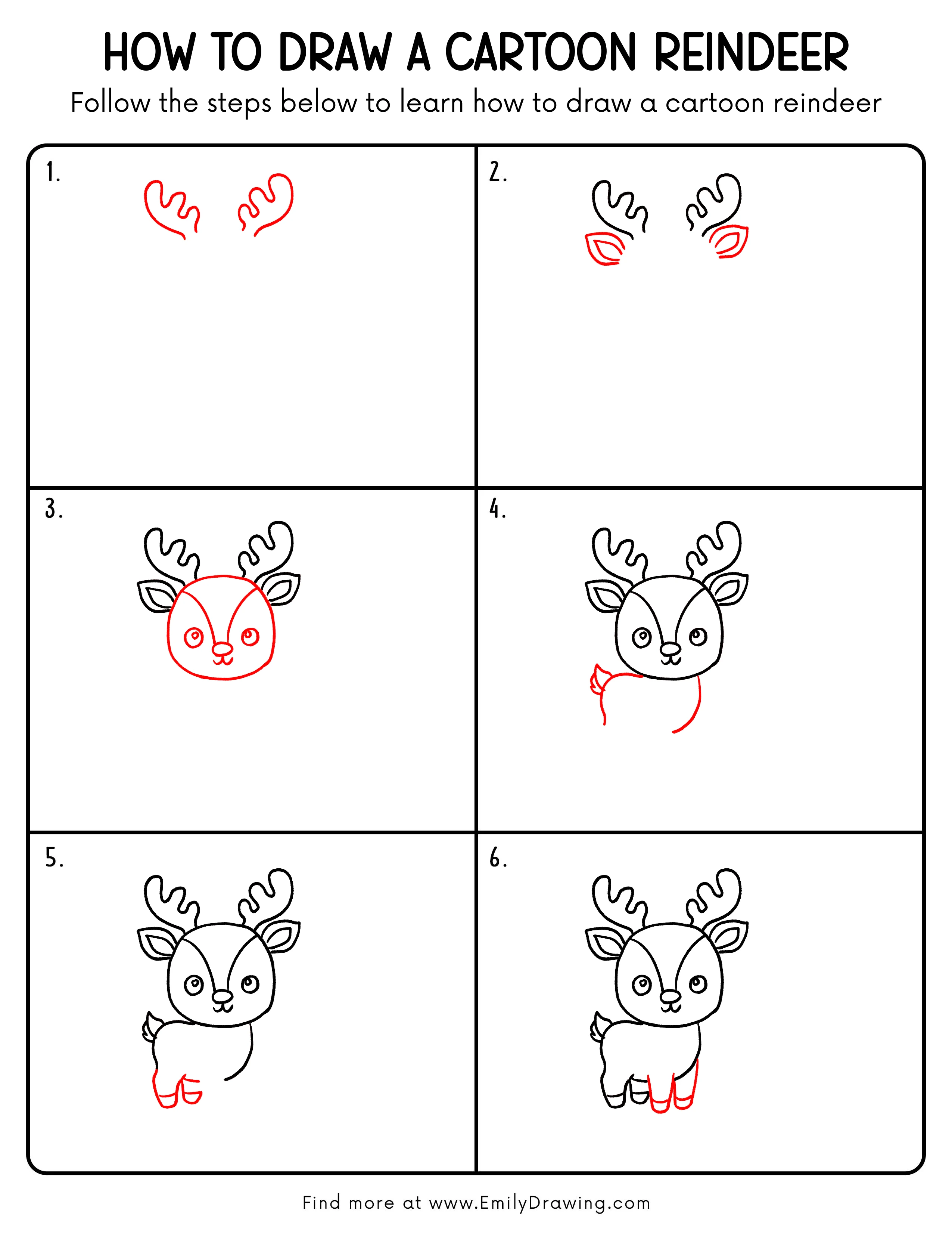 Printable Cartoon Reindeer Drawing Guide