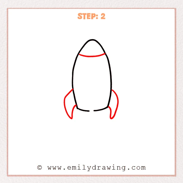 how to draw a cartoon rocket - Cartoon rocket Step 2 showing a nose cone line and two side fins