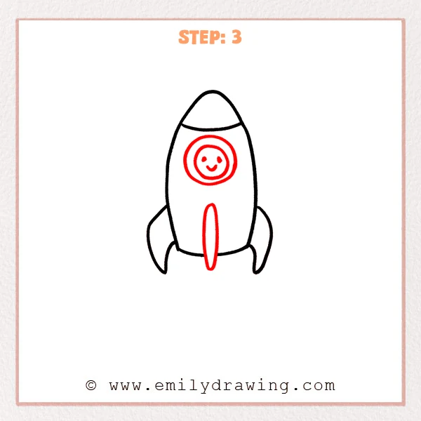 how to draw a cartoon rocket - Cartoon rocket Step 3 showing a smiling round window and center fin