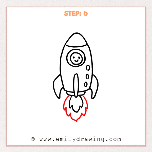 how to draw a cartoon rocket - Cartoon rocket Step 6 showing layered flames beneath the completed rocket