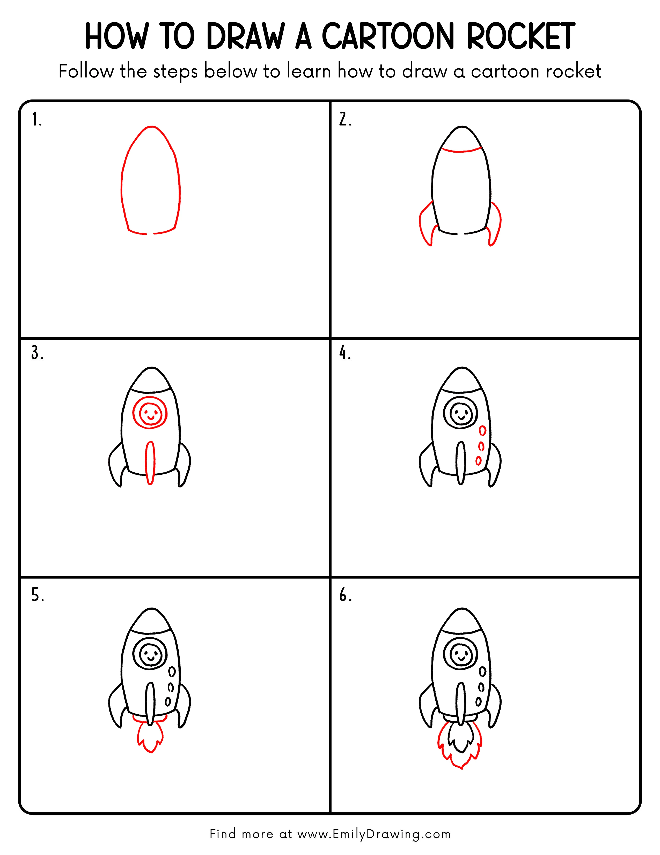 Printable Cartoon Rocket Drawing Guide