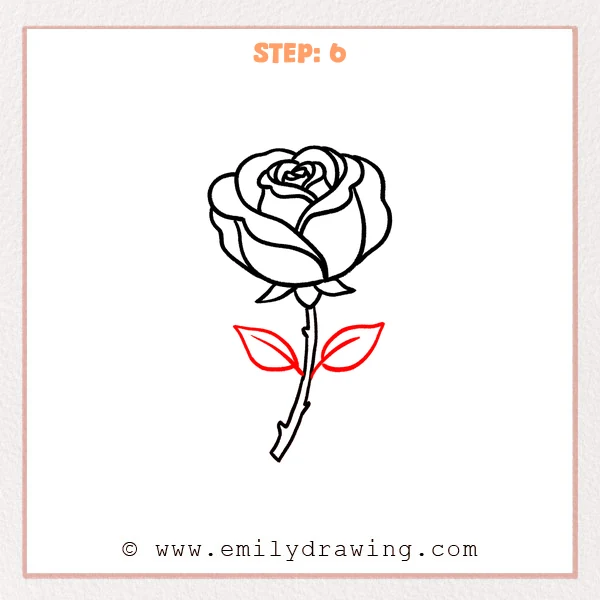 how to draw a cartoon rose - Cartoon rose Step 6 showing two veined leaves on the completed rose