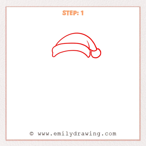 how to draw a cartoon santa - Cartoon Santa Step 1 showing a curved hat with a round pom-pom