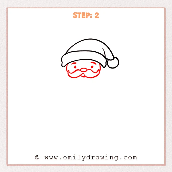 how to draw a cartoon santa - Cartoon Santa Step 2 showing facial features and a curled mustache