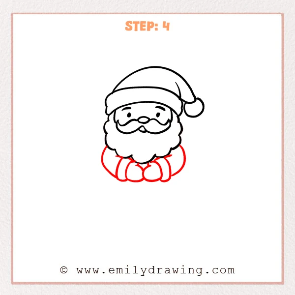 how to draw a cartoon santa - Cartoon Santa Step 4 showing bent arms, mittens, and collar