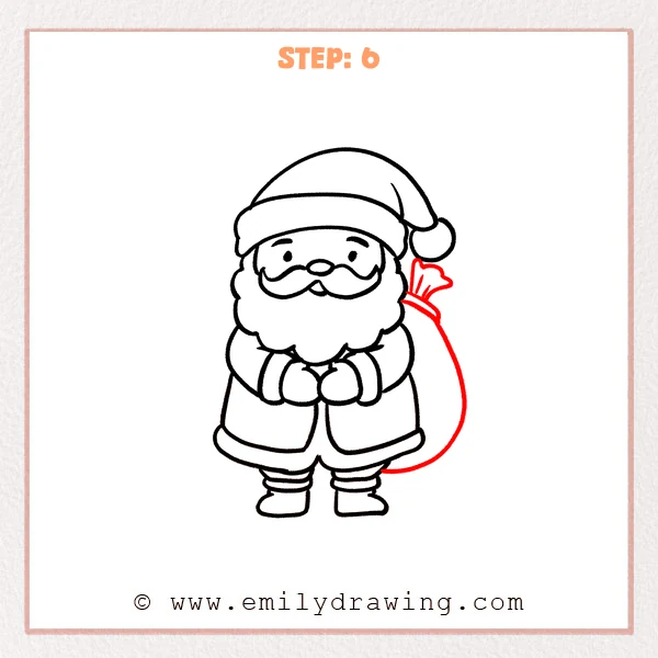 how to draw a cartoon santa - Cartoon Santa Step 6 showing a large tied gift sack behind the completed figure
