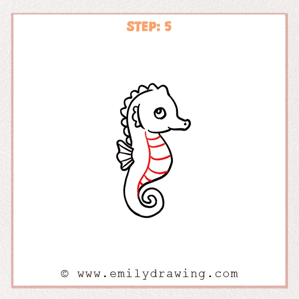 how to draw a cartoon seahorse - Cartoon seahorse Step 5 showing a striped inner belly