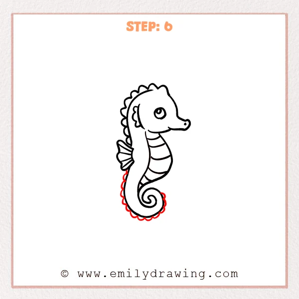 how to draw a cartoon seahorse - Cartoon seahorse Step 6 showing a complete bumpy ridge around the tail