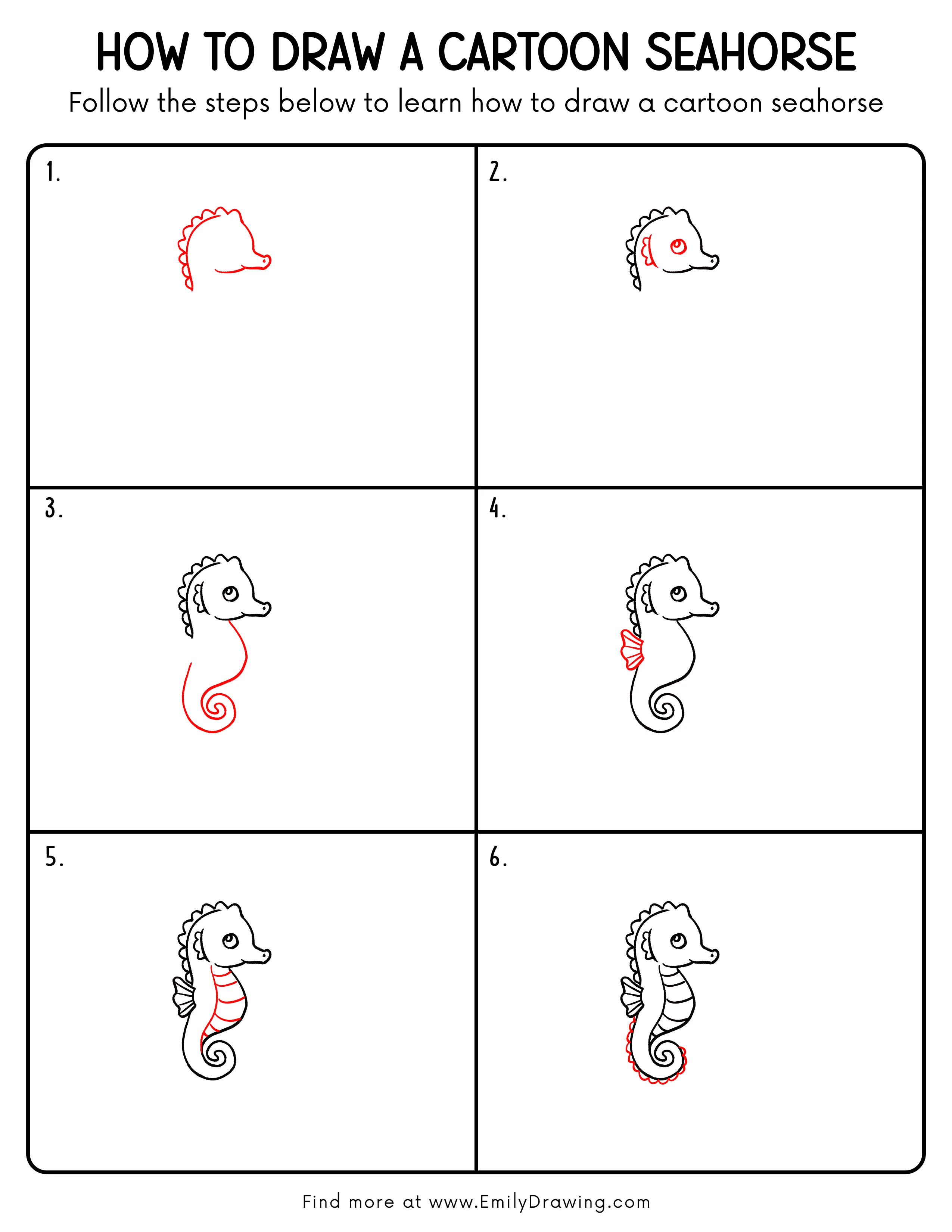Printable Cartoon Seahorse Drawing Guide
