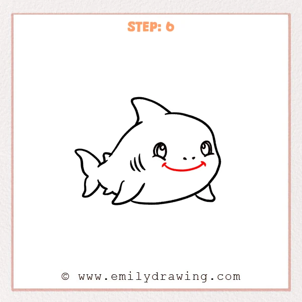 how to draw a cartoon shark - Cartoon shark Step 6 showing a broad smile on the completed shark