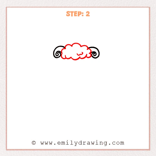 how to draw a cartoon sheep - Cartoon sheep Step 2 showing fluffy forehead wool between the horns