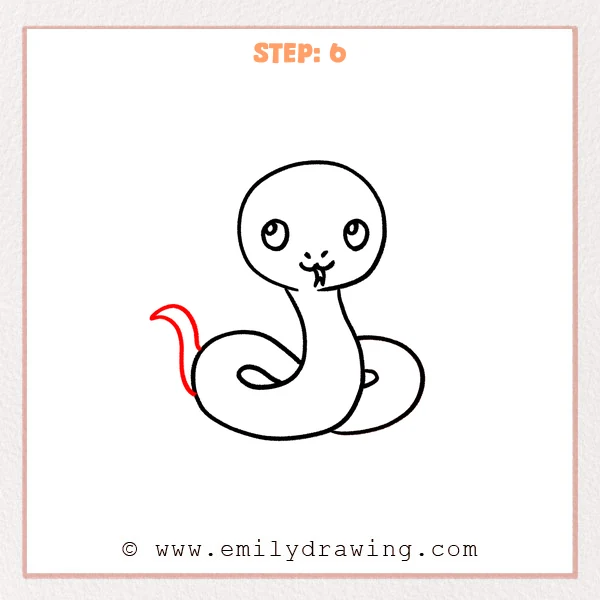 how to draw a cartoon snake - Cartoon snake Step 6 showing an upright pointed tail on the completed snake