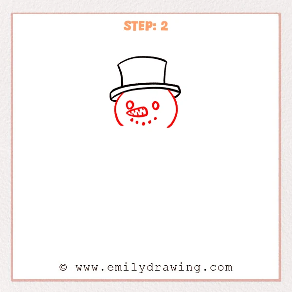 how to draw a cartoon snowman - Cartoon snowman Step 2 showing a round face with eyes, carrot nose, and dotted smile