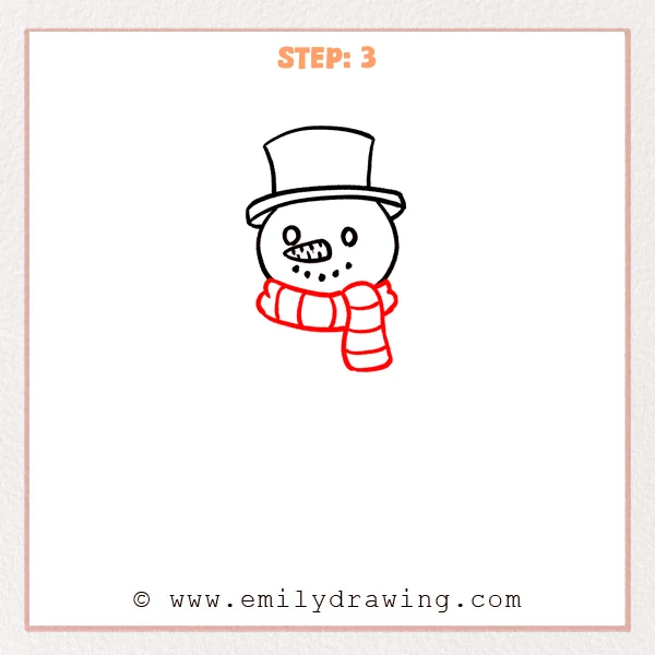how to draw a cartoon snowman - Cartoon snowman Step 3 showing a striped scarf around the neck