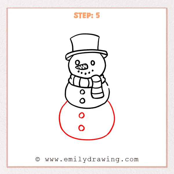 how to draw a cartoon snowman - Cartoon snowman Step 5 showing a large bottom snowball with two buttons